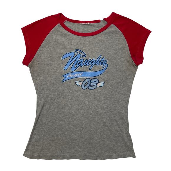 VTG Y2K 90's 00's Grey & Red Naughty Angels Graphic Raglan Baseball Baby Tee S - Picture 1 of 2